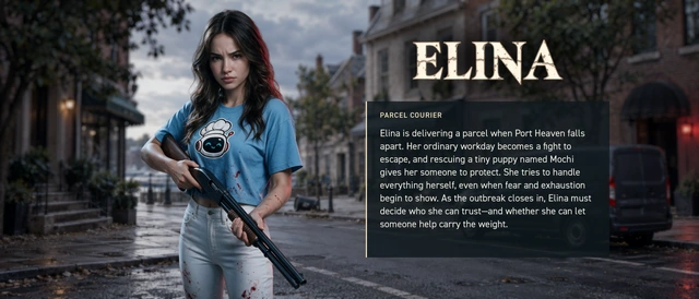 Elina, a parcel courier who rescues Mochi and learns who she can trust during the outbreak.