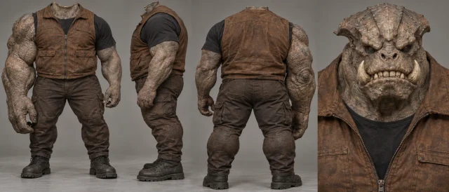 Brute monster concept sheet with front, side, back and portrait views.