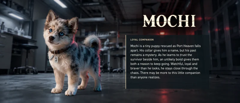 Mochi, the rescued puppy and loyal companion in No Dawn Beyond, with his character biography.