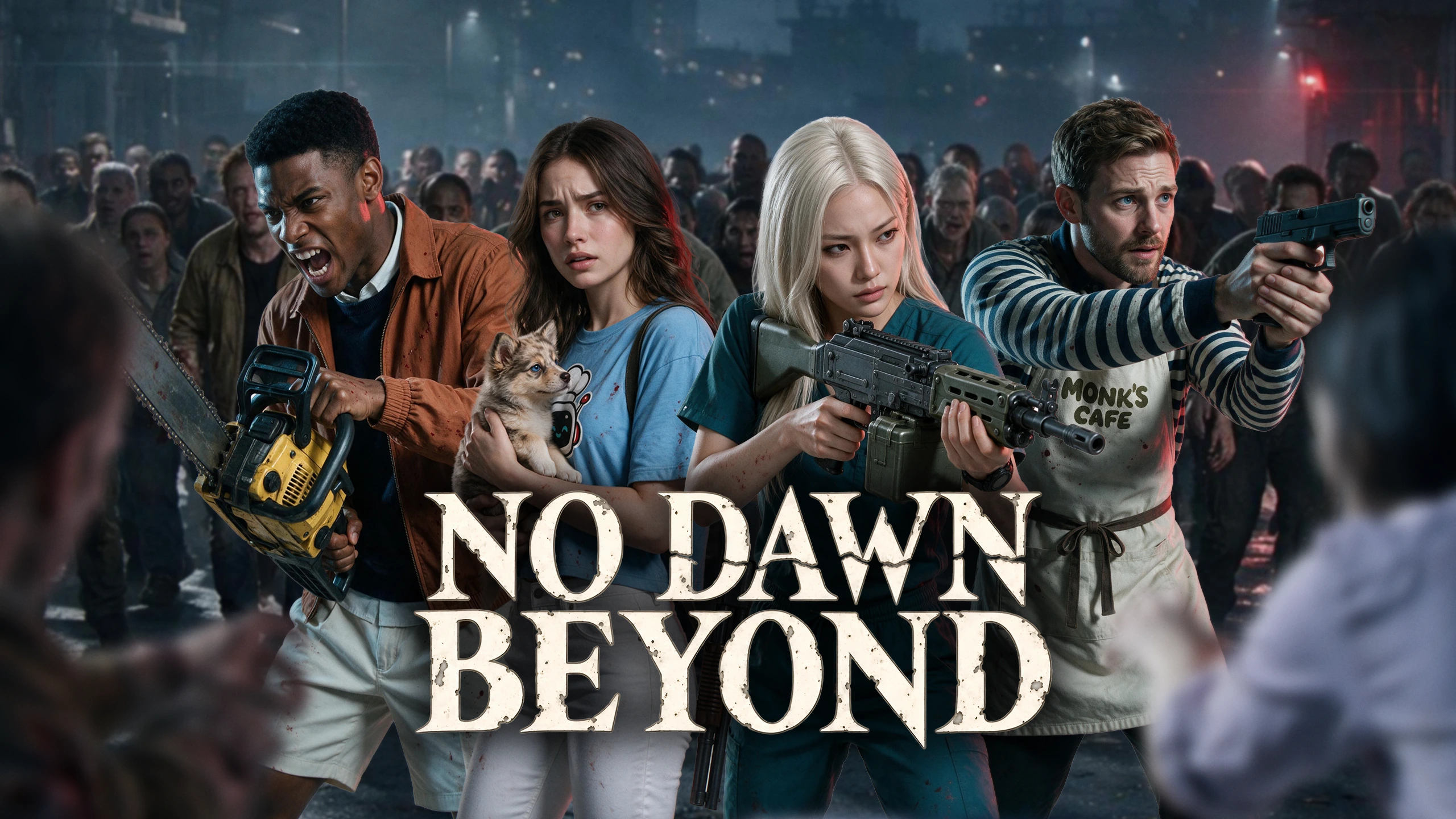 Full-size No Dawn Beyond concept poster with the four survivors and Mochi.
