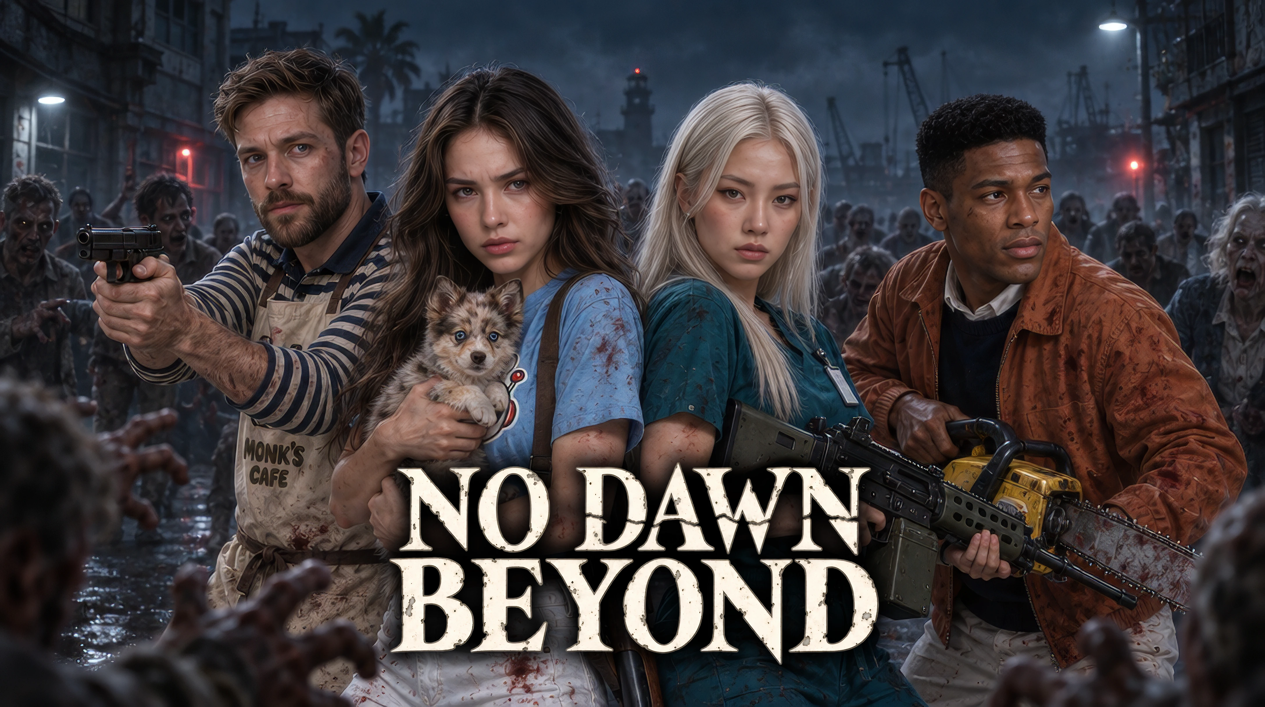 Full-size No Dawn Beyond concept poster with the four survivors and Mochi.