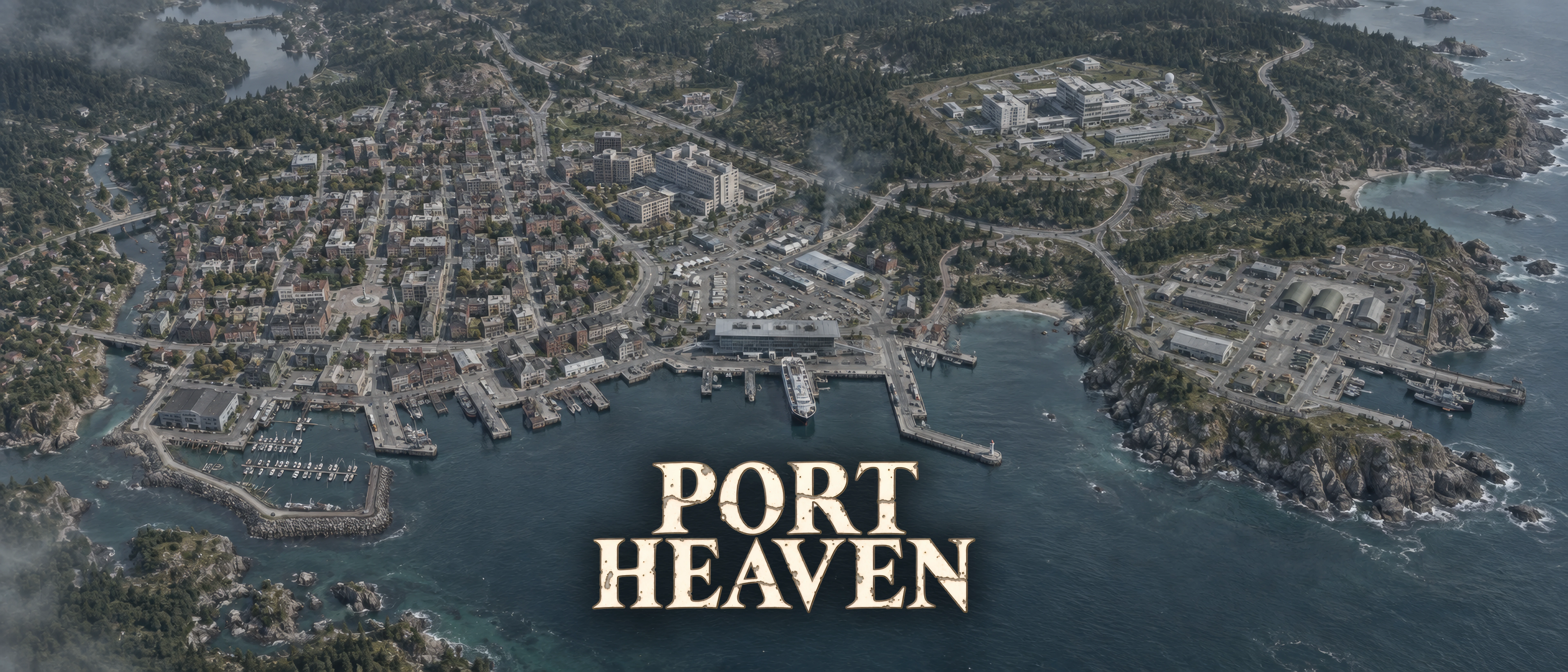 Port Heaven map showing the coastal city, harbor, surrounding forests and offshore islands.